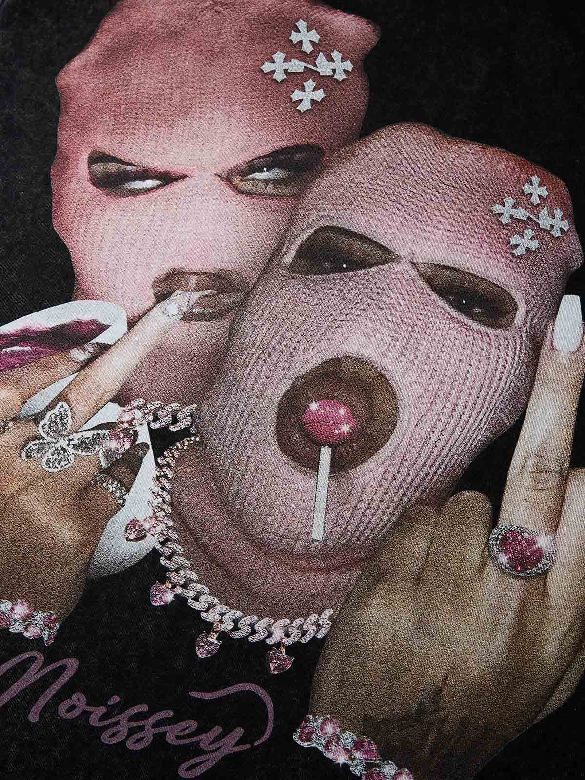 Pink Double-Person Balaclava Black Washed Print T-shirt