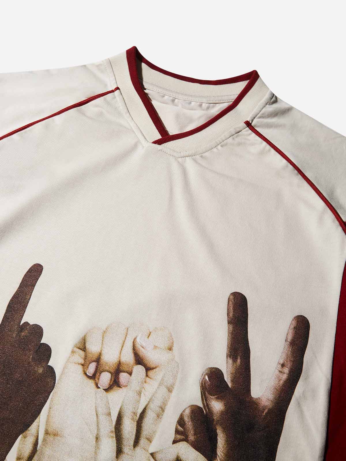 Celebratory Victory Gesture College-Style Print T-shirt