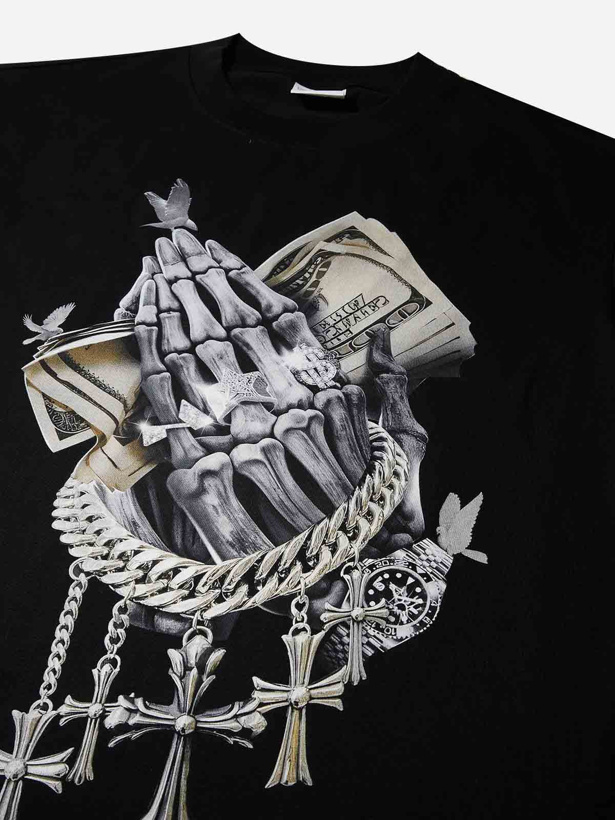 Skull Praying Hands Print T-shirt