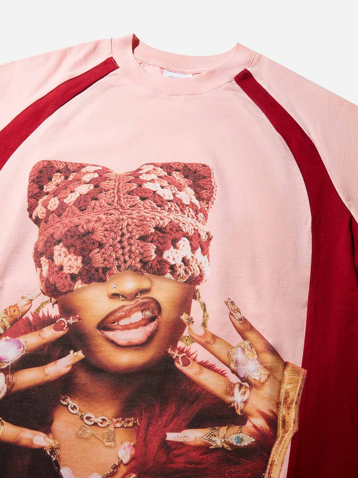 Rich Girl Cat-ear Hat Print pink Preppy T-shirt