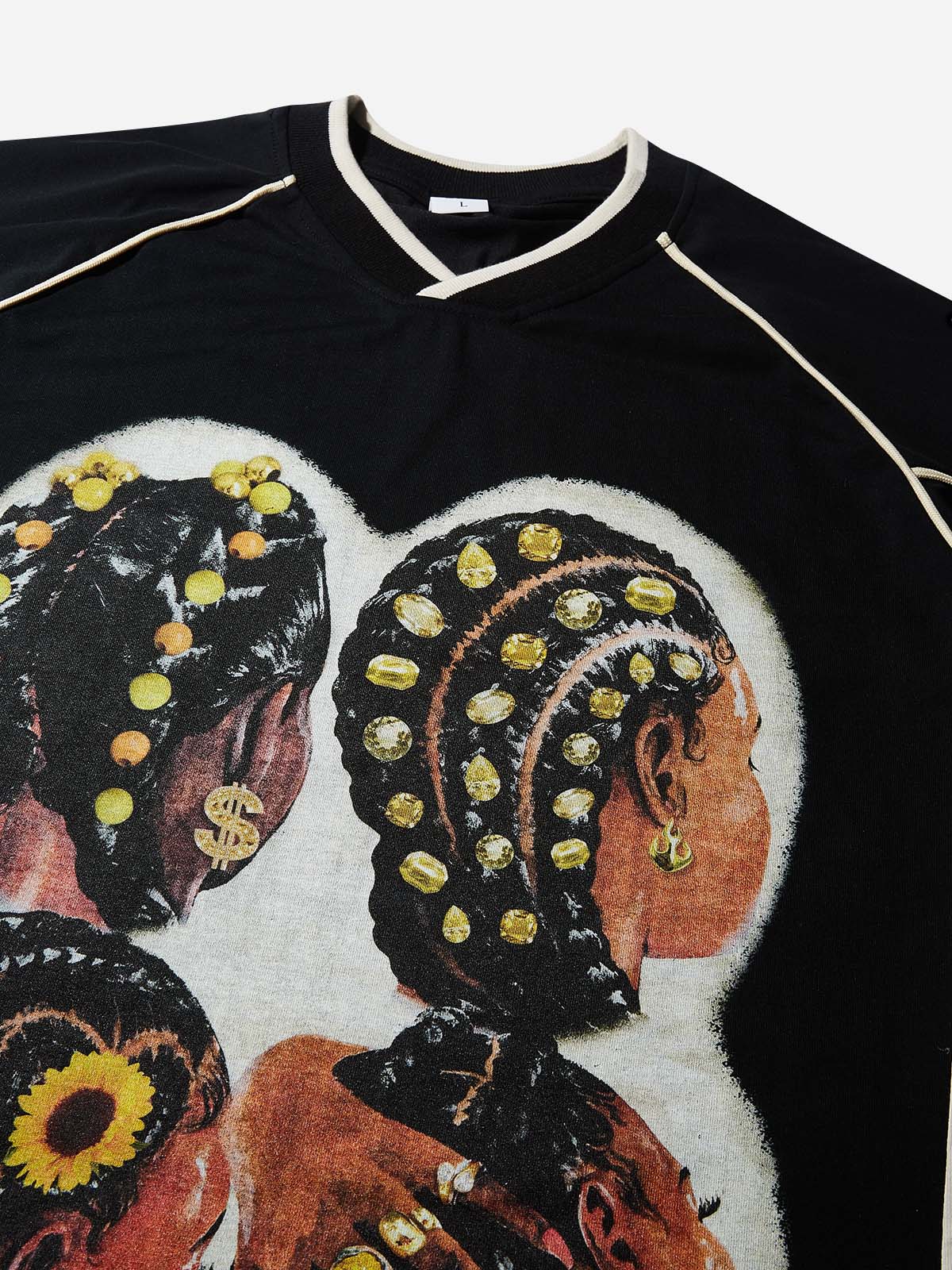 Four Girls' Braided Hair Preppy Style Print T-shirt