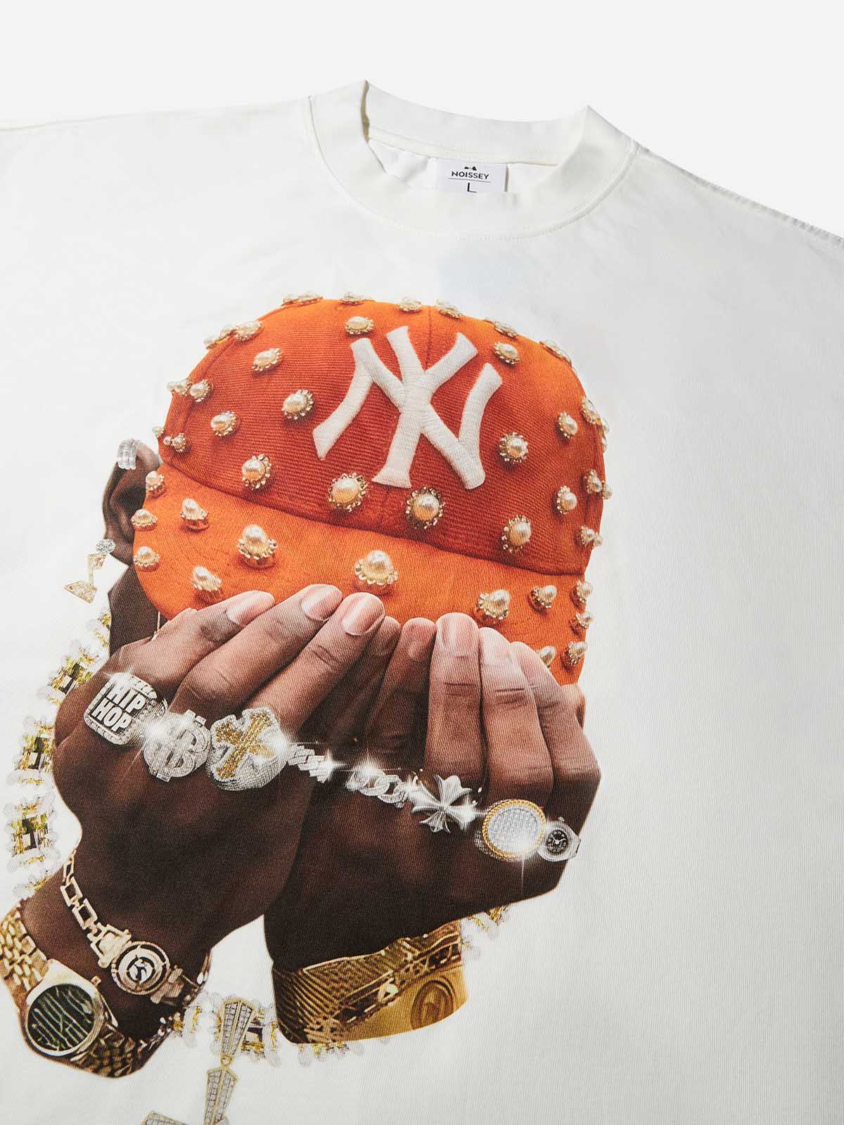 Boxy Oversized T-Shirt with Orange Pearl Cap & Jewelry Print