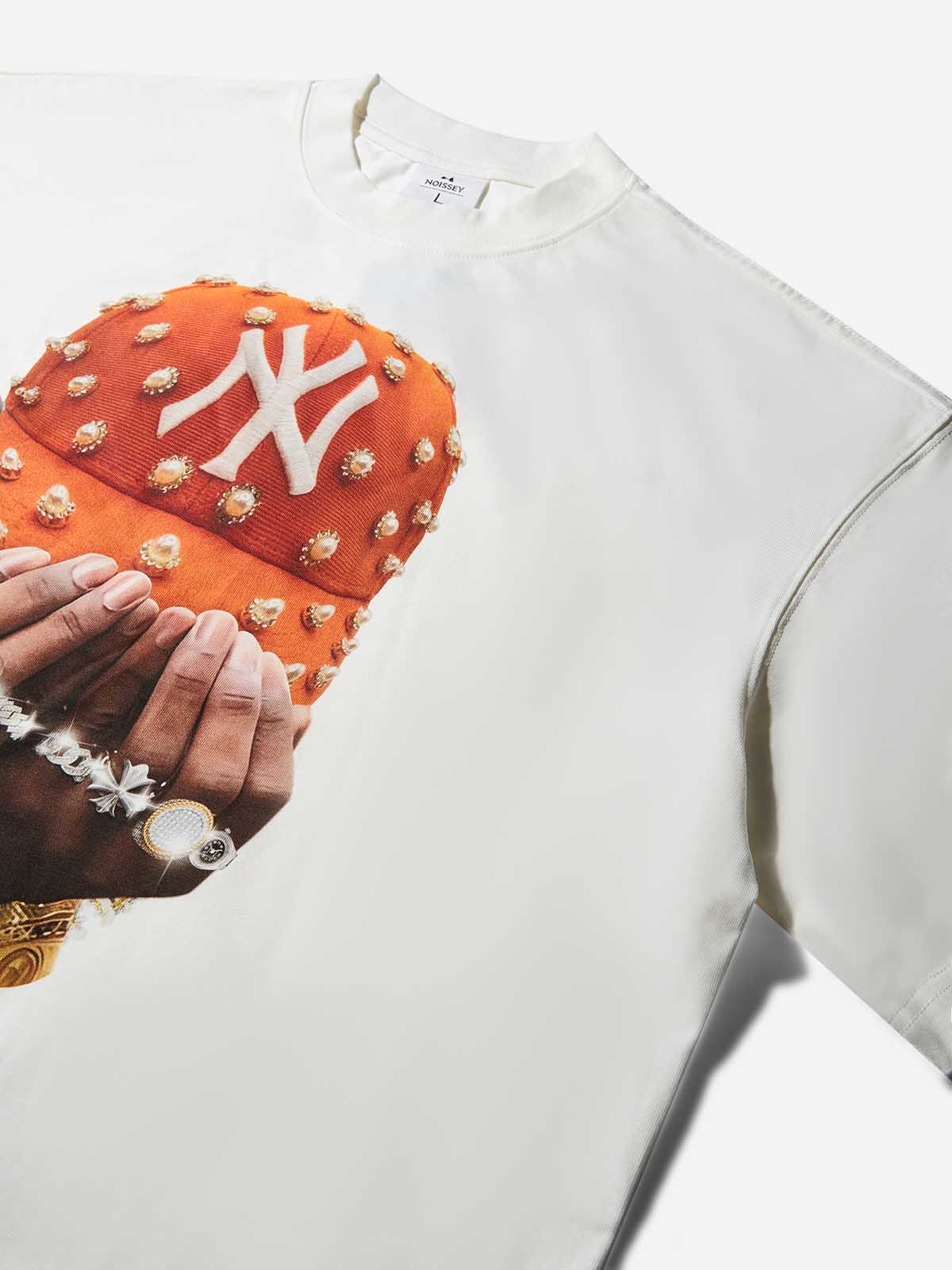 Boxy Oversized T-Shirt with Orange Pearl Cap & Jewelry Print