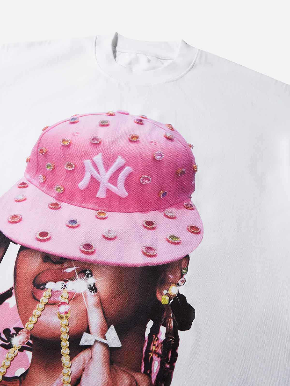 NOISSEY "Pink Diamond-Hat Girl" Character Tee - Clean White 255G Heavyweight Boxy Oversized Fit