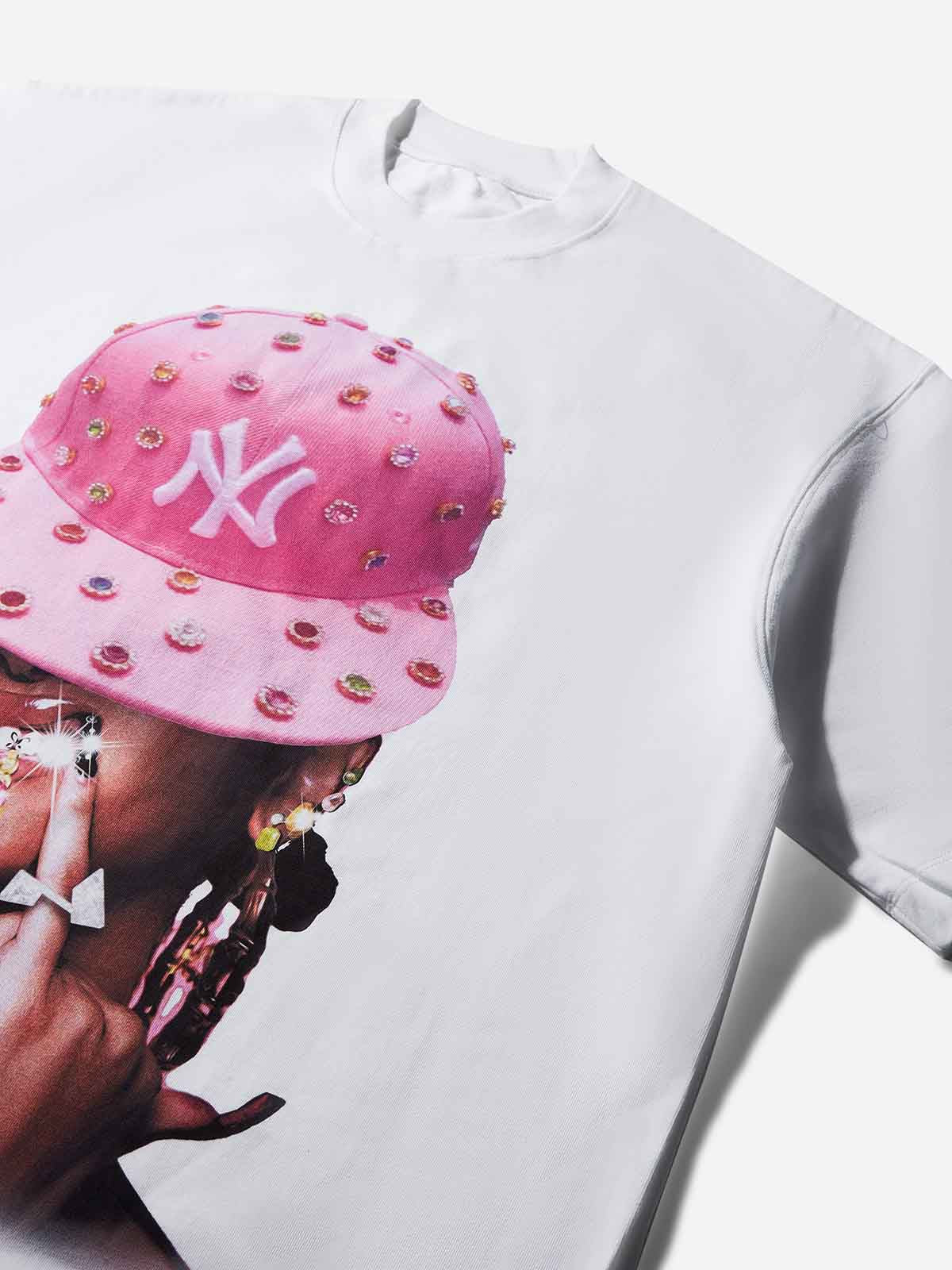 Pink Diamond-Hat Girl Character Print T-shirt