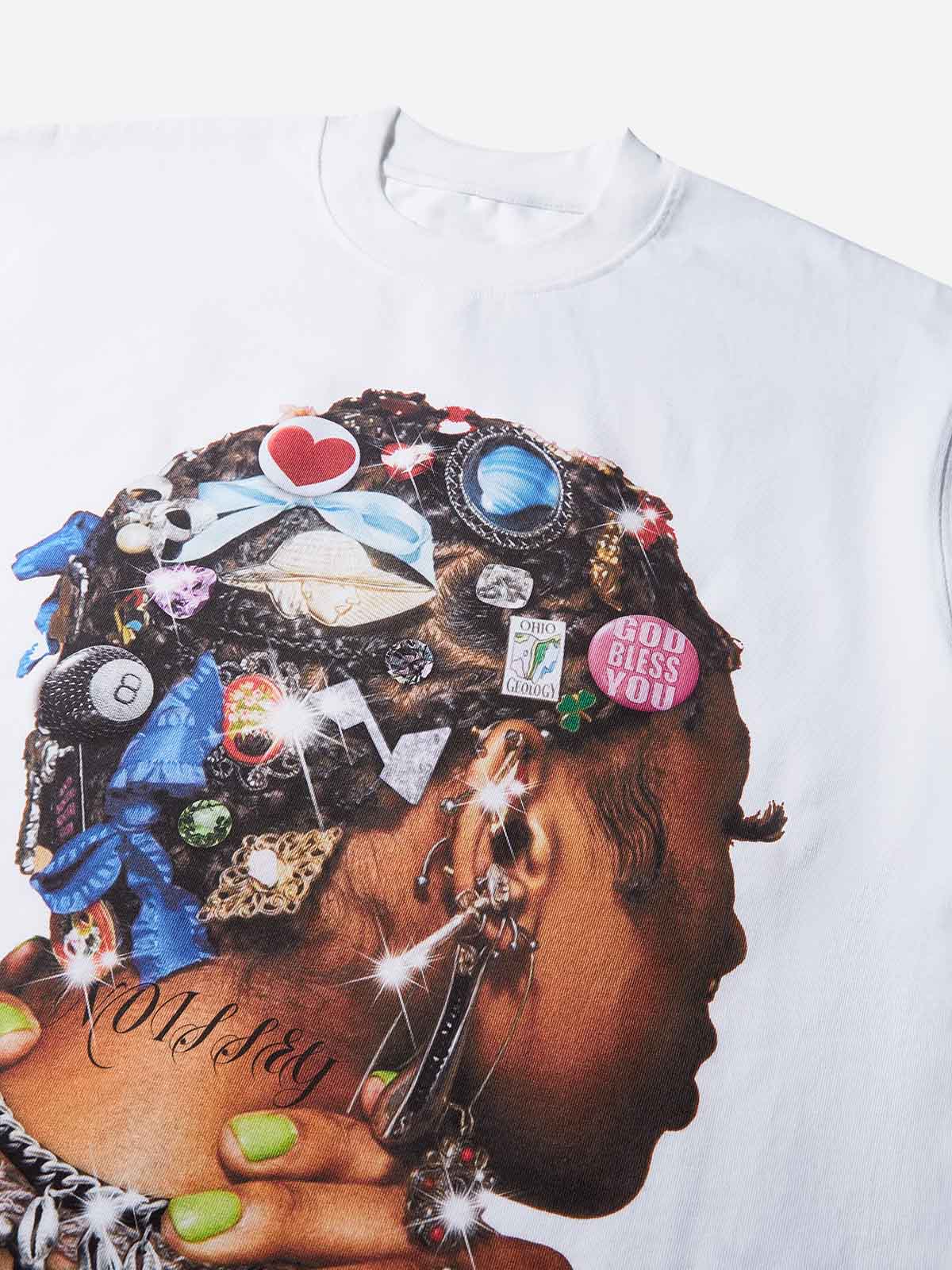 Colorful Diamond-Element Character Print T-shirt