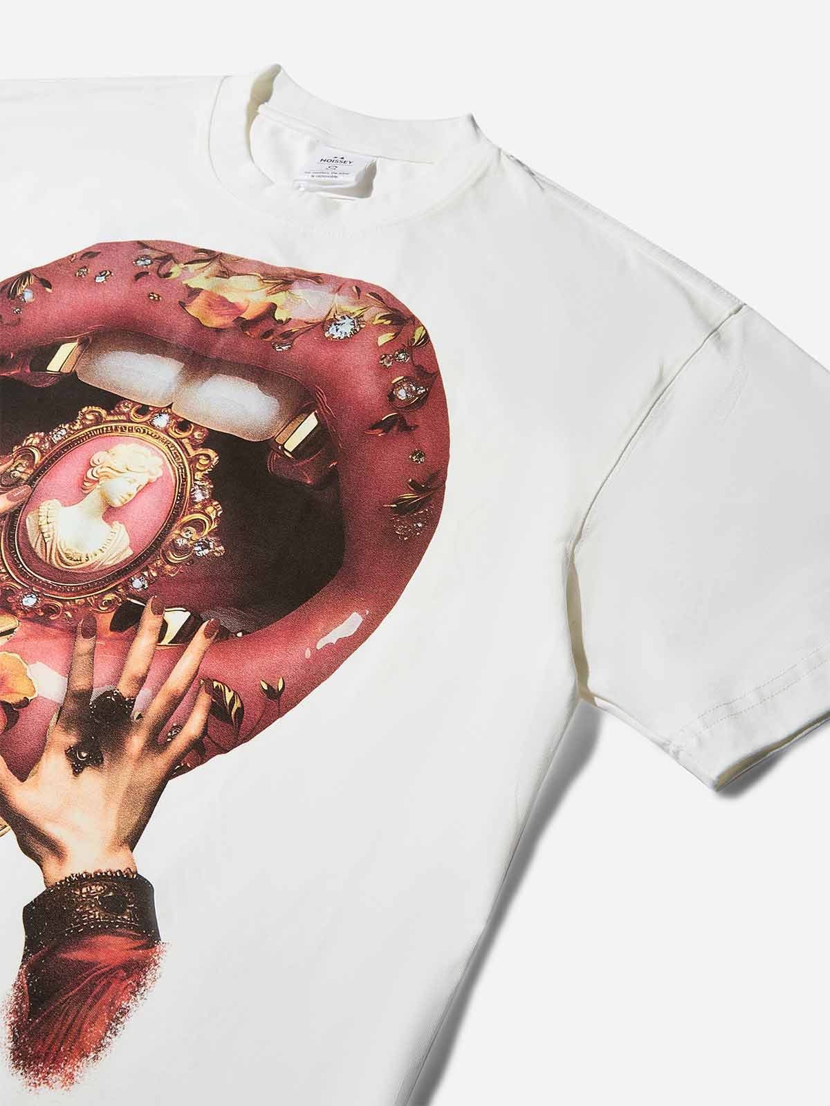 Boxy Oversized T-shirt with Royal Sculpture Badge, Floral and Lip Print