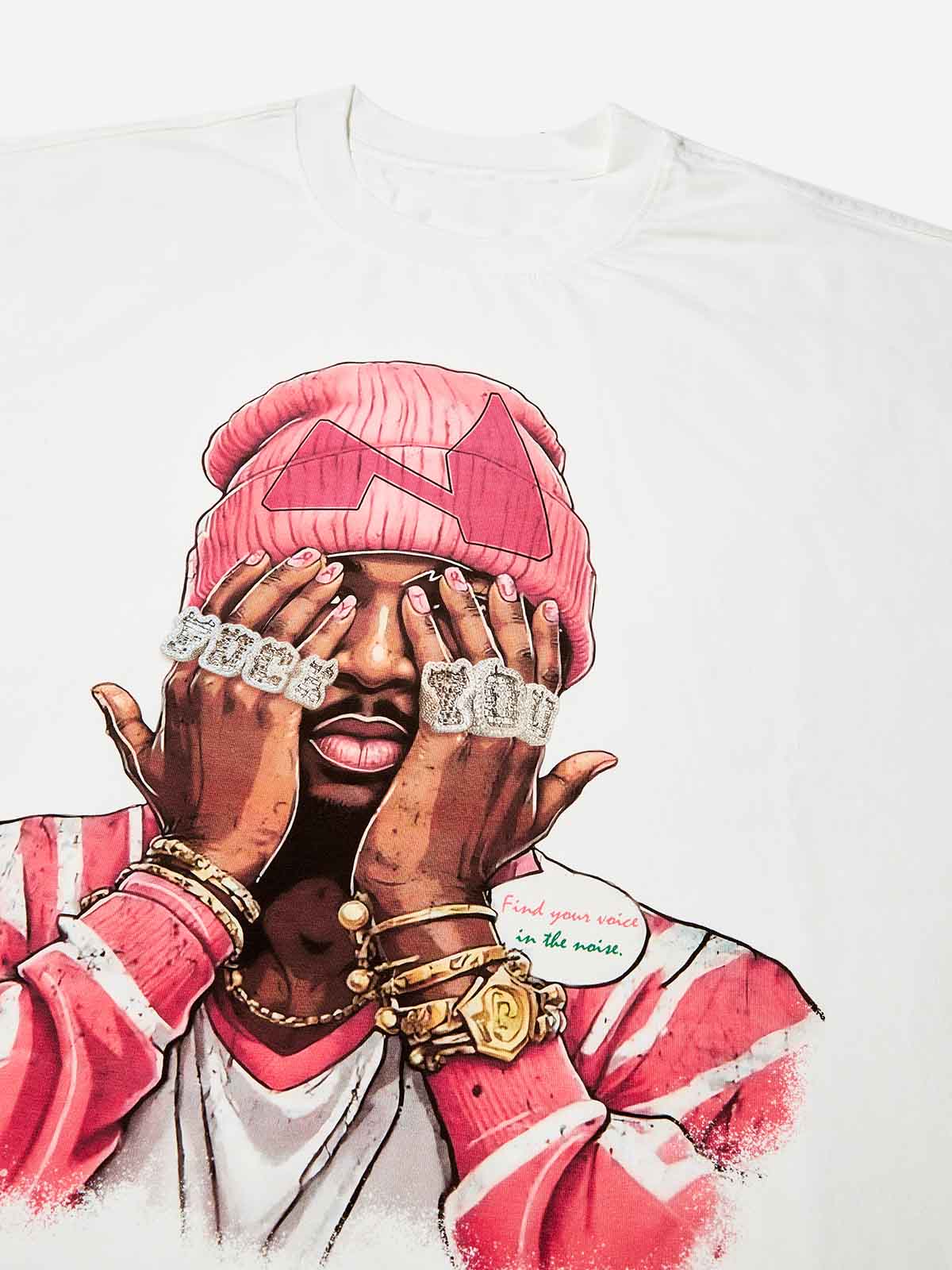 Boxy Oversized T-shirt with Noissey Logo and Pink Beanie Comic Print