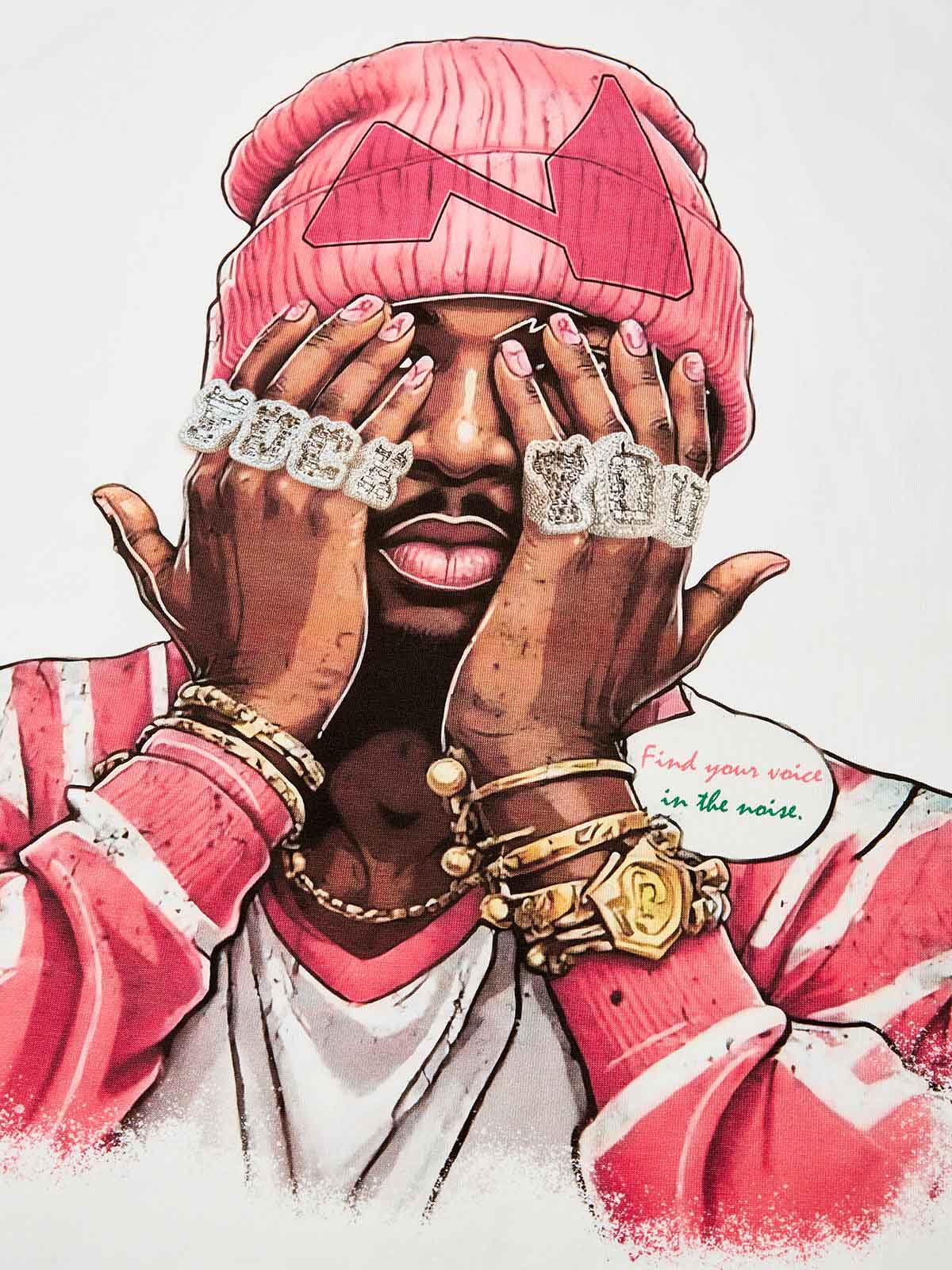 Boxy Oversized T-shirt with Noissey Logo and Pink Beanie Comic Print