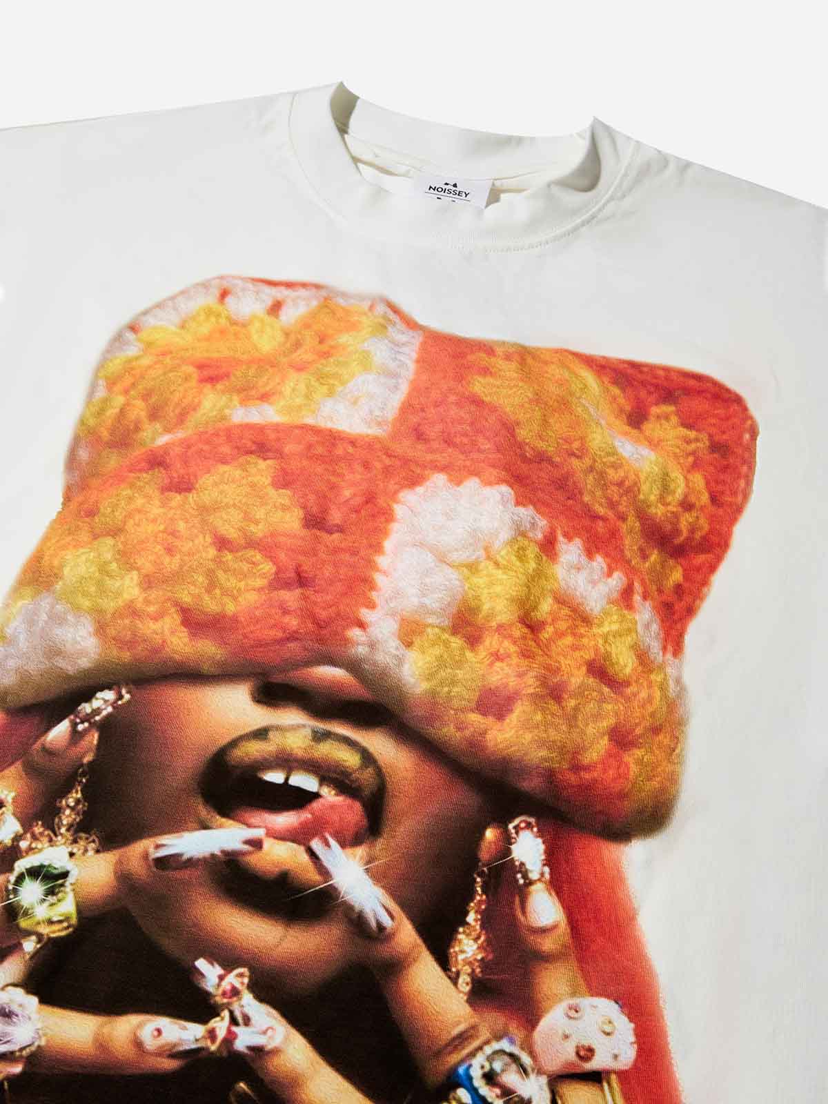 Boxy Oversized T-shirt with Orange Cat-Ear Hoodie Girl Print