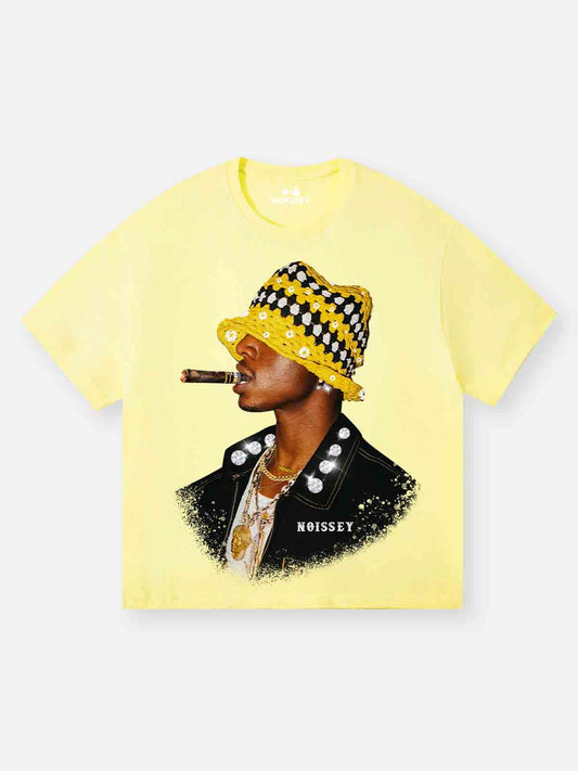 Yellow Cat Ear Crochet Cap Print Men's T-shirt