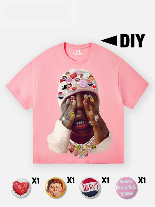 Super Cool Badge DIY Pink Beanie Print T-shirt