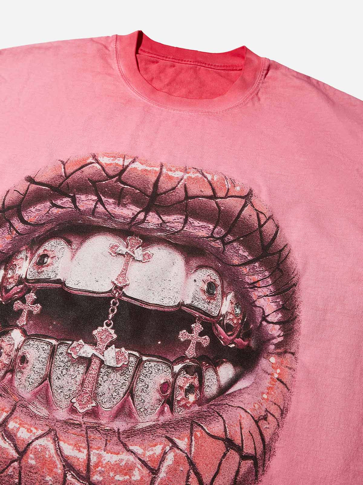 Pink Fluorescent Diamond Grills Washed Print T-Shirt