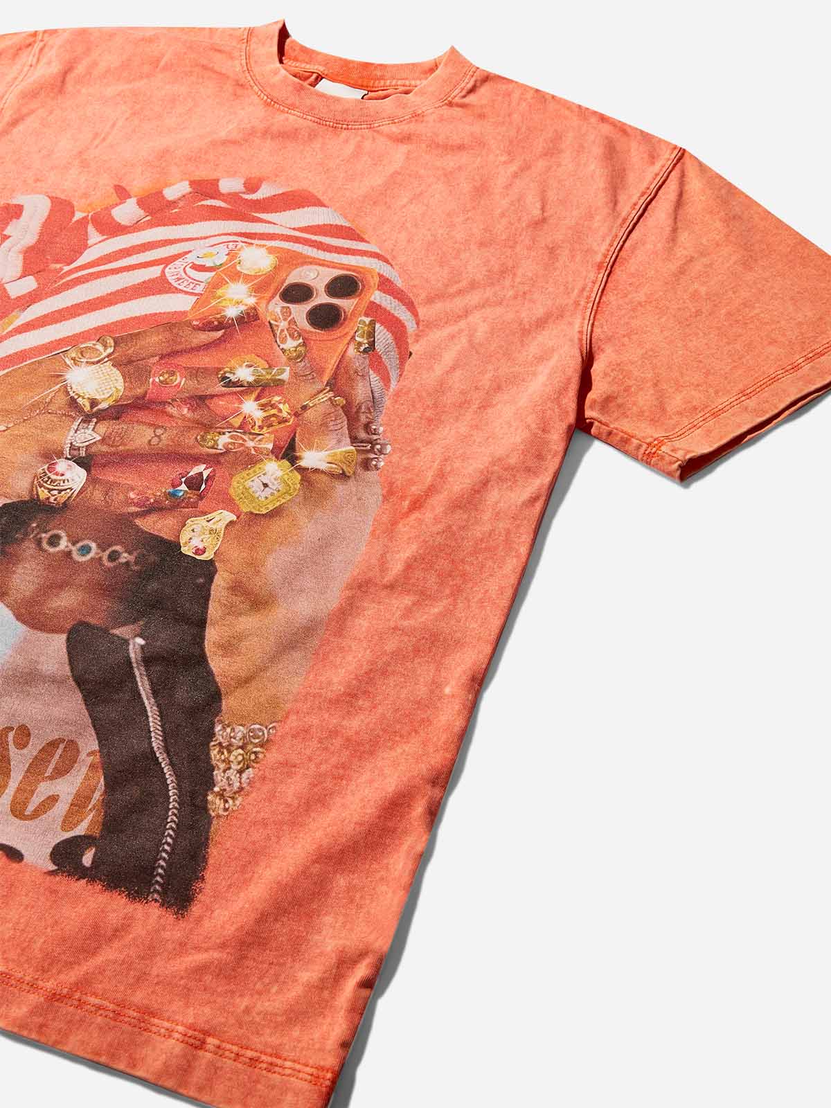 Striped Cap Orange Wash Print T-shirt