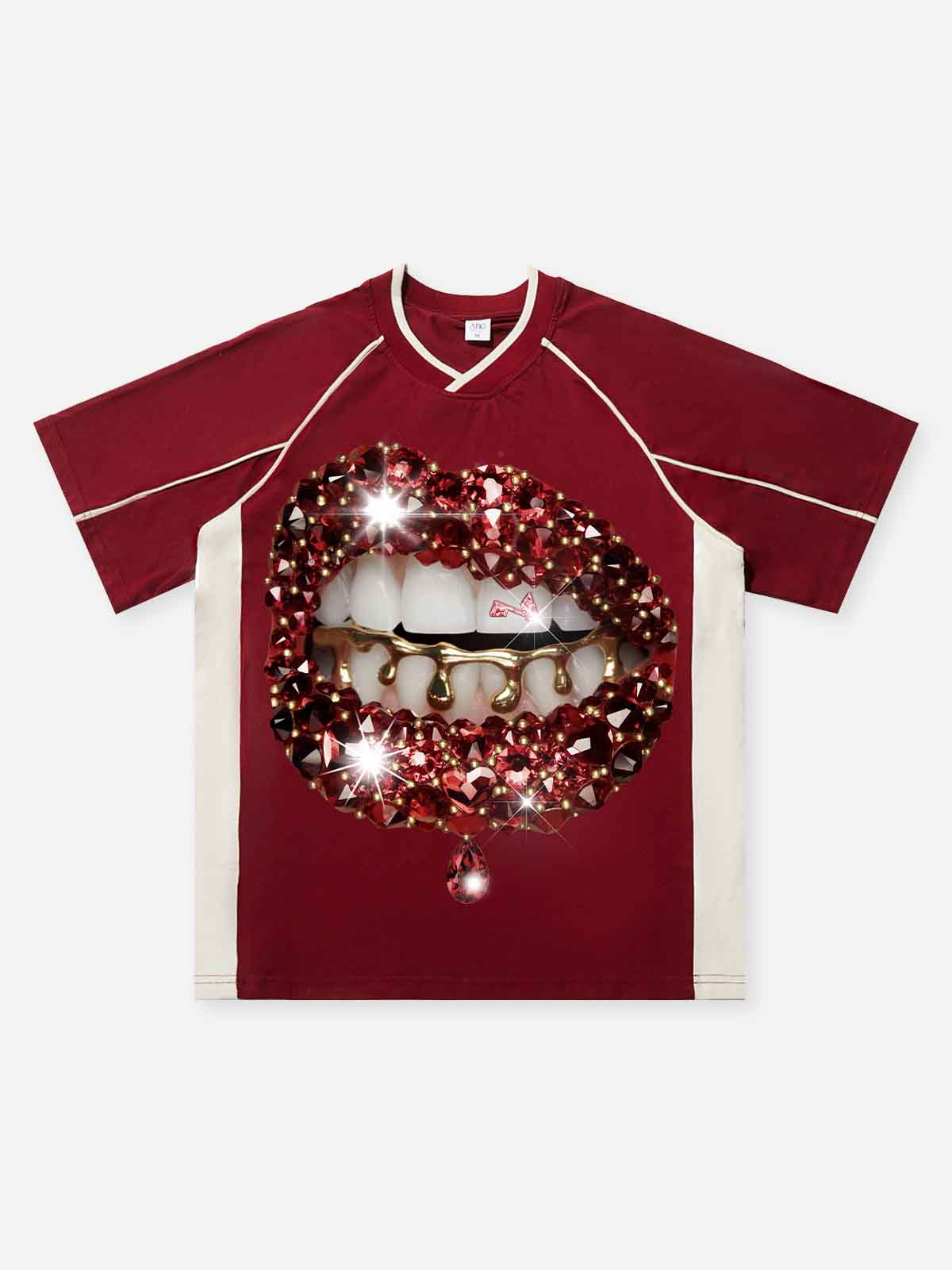 Red Gem Sparkle Lip Print Preppy T-shirt