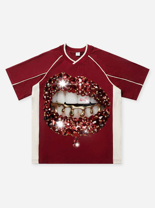 Red Gem Sparkle Lip Print Preppy T-shirt
