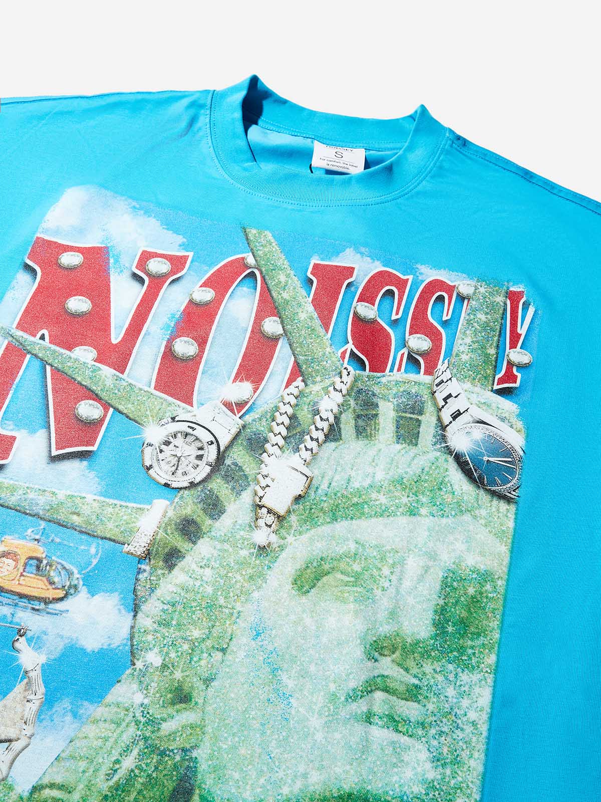 Boxy Oversized Blue T-shirt with Sparkling Statue of Liberty Print