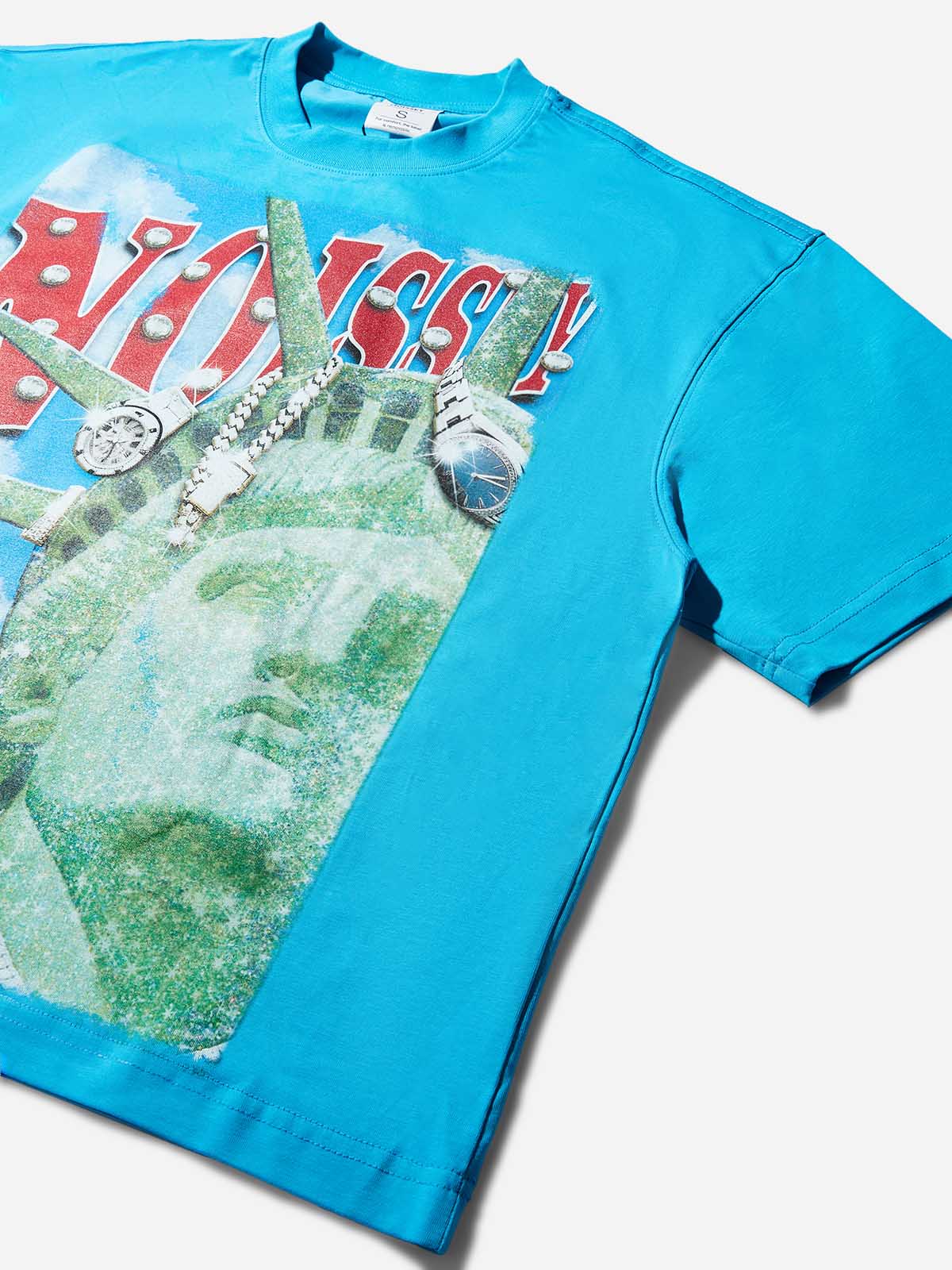 Boxy Oversized Blue T-shirt with Sparkling Statue of Liberty Print