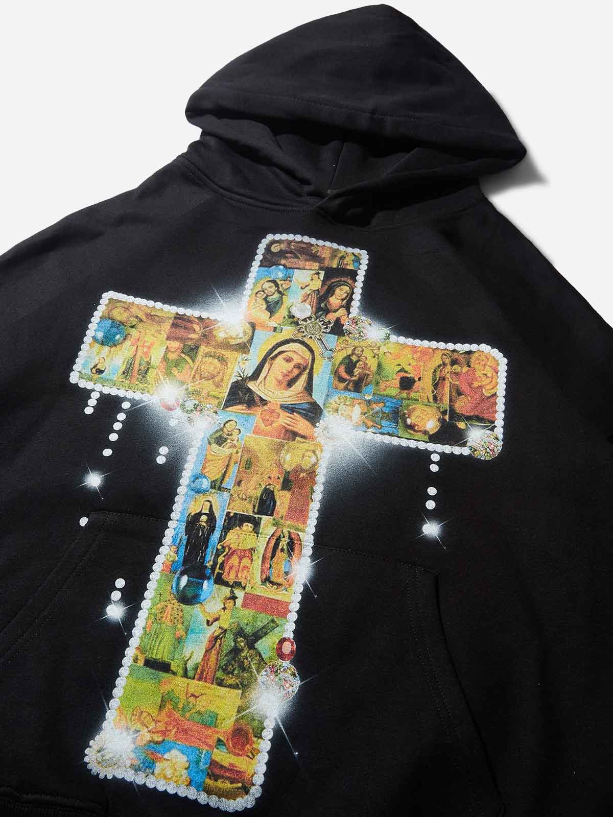 Diamond-Embellished Religious Cross Tech Fabric Hoodie