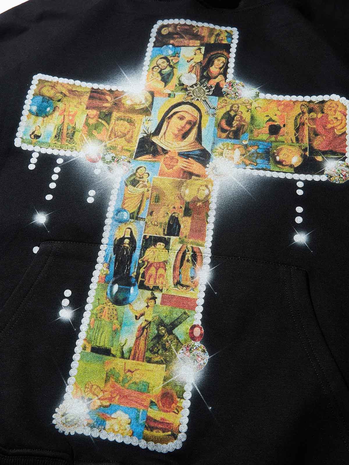 Diamond-Embellished Religious Cross Tech Fabric Hoodie