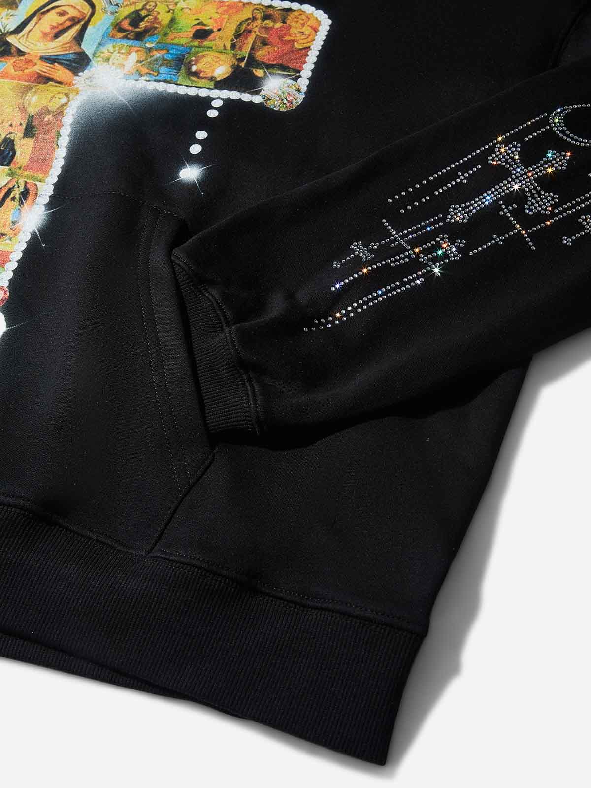 Diamond-Embellished Religious Cross Tech Fabric Hoodie