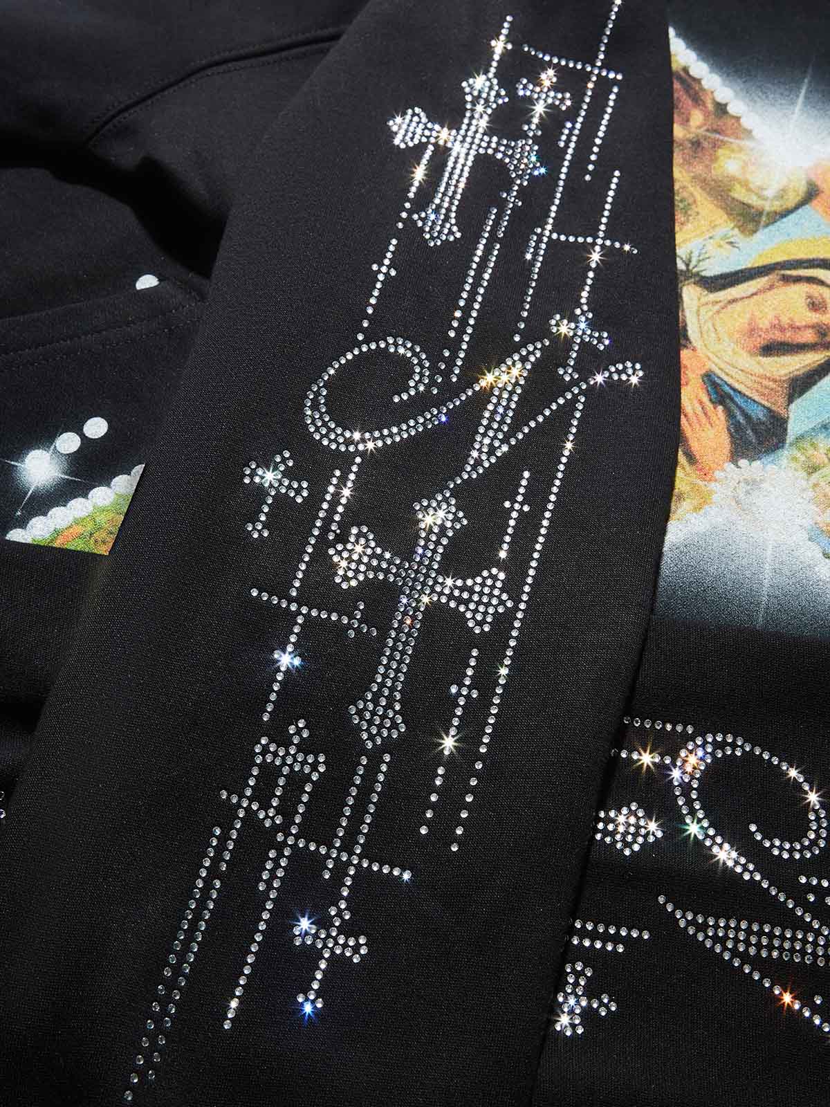 Diamond-Embellished Religious Cross Tech Fabric Hoodie