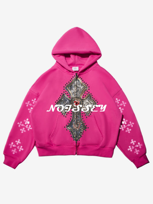 Diamond Cross Print Pink Zip Hoodie