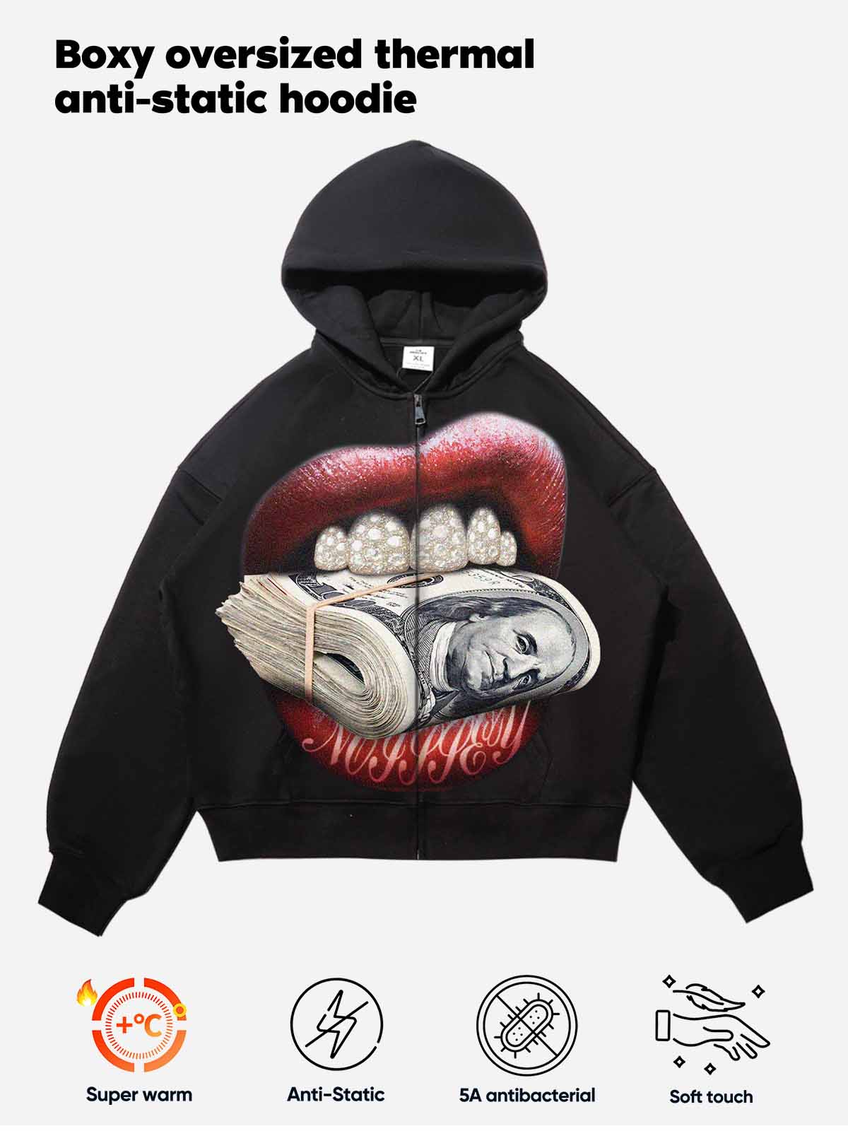 Money-Biting Lip Diamond Grills Warm Zip-Up Hoodie
