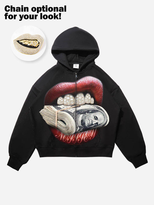 Money-Biting Lip Diamond Grills Warm Zip-Up Hoodie
