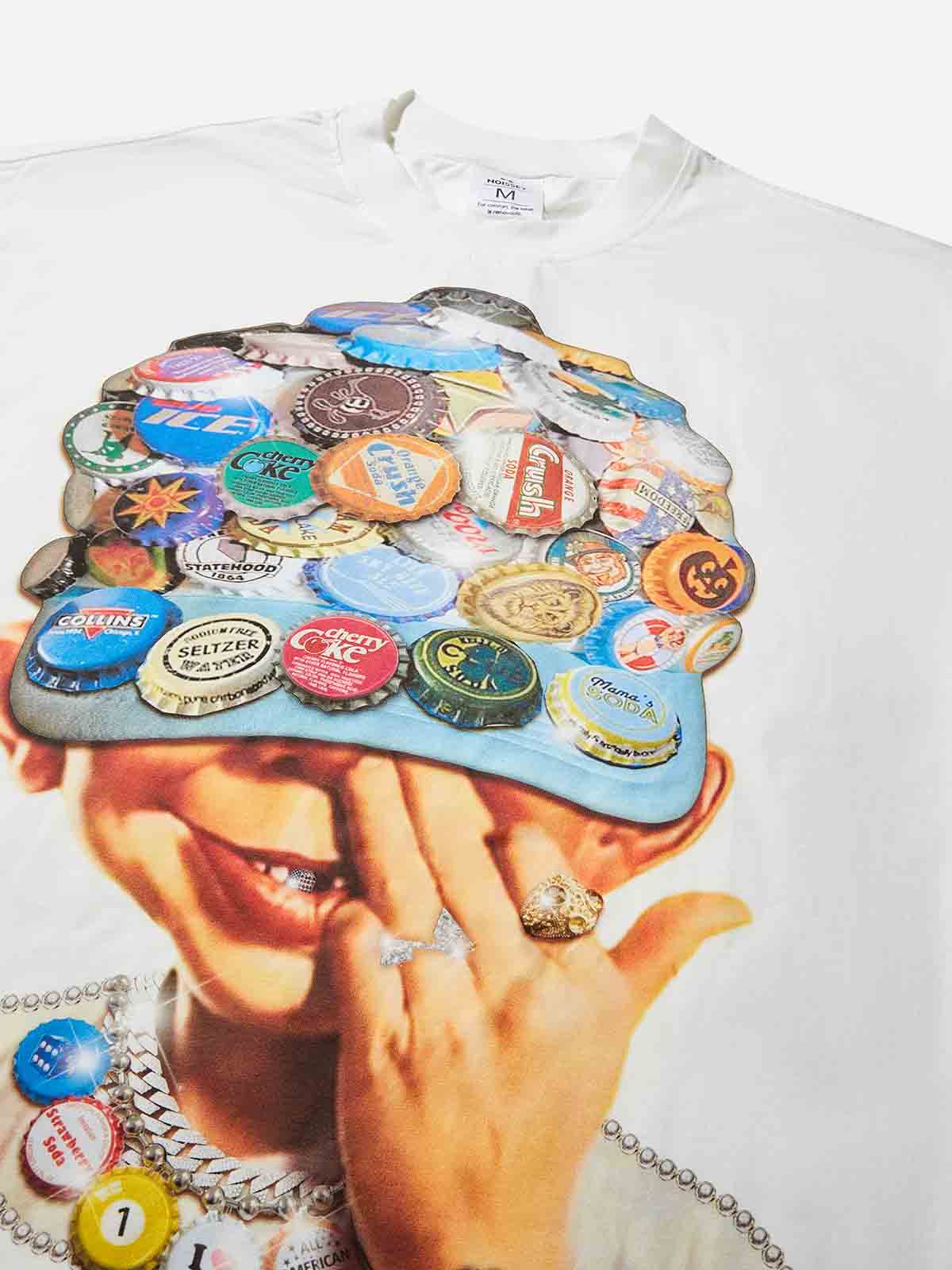 Boxy Oversized T-shirt with Bab Boy Print and Bottle Cap Art Baseball Cap