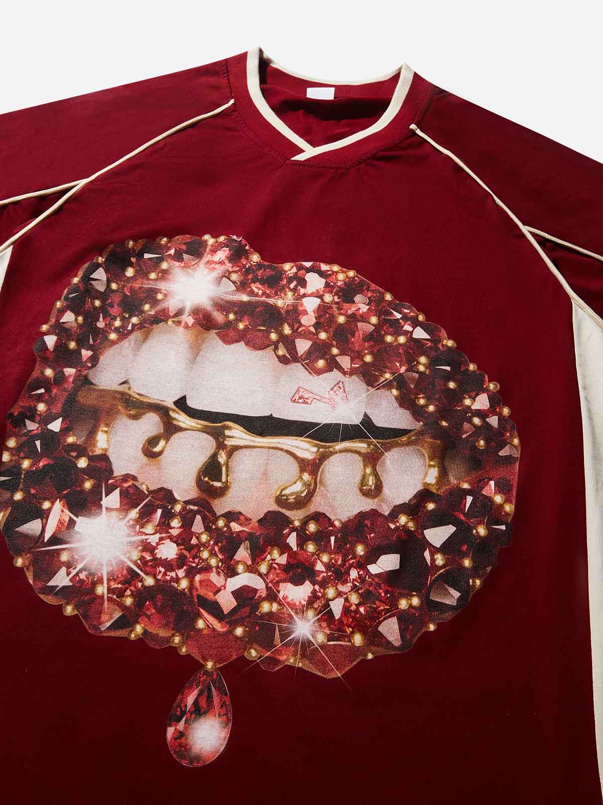 Red Gem Sparkle Lip Print Preppy T-shirt