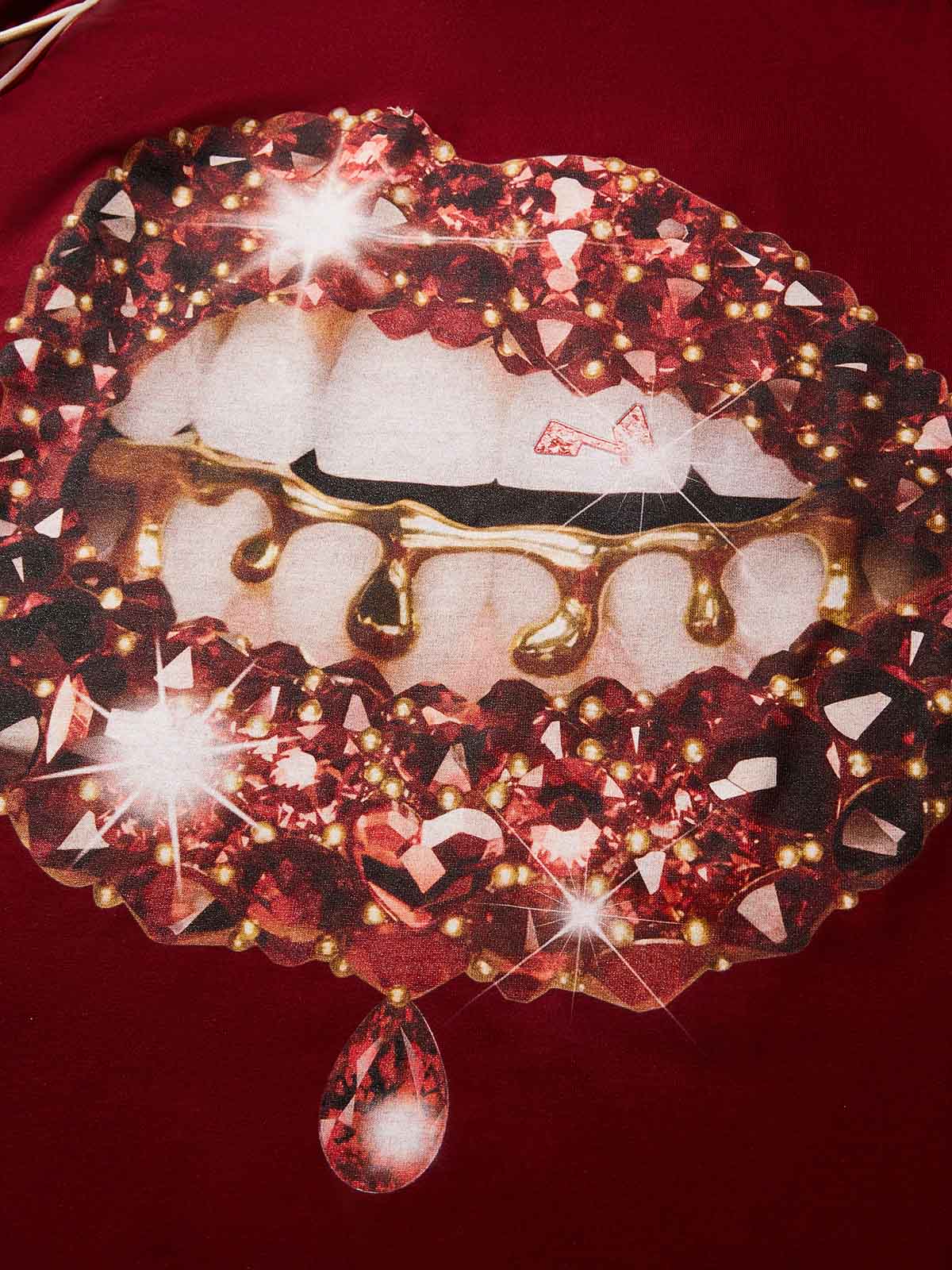 Red Gem Sparkle Lip Print Preppy T-shirt