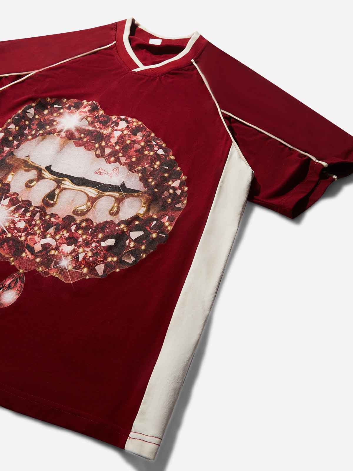 Red Gem Sparkle Lip Print Preppy T-shirt