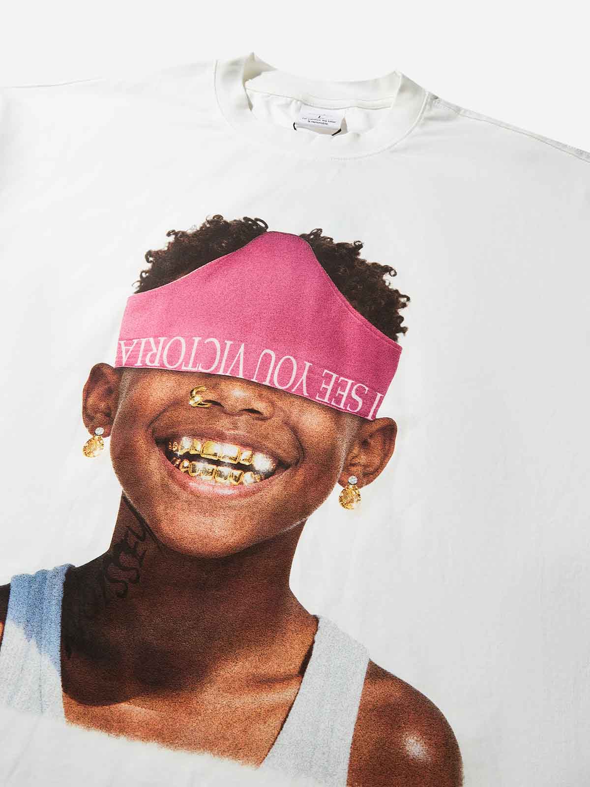 Boxy Oversized T-Shirt with Funny Child Portrait Print