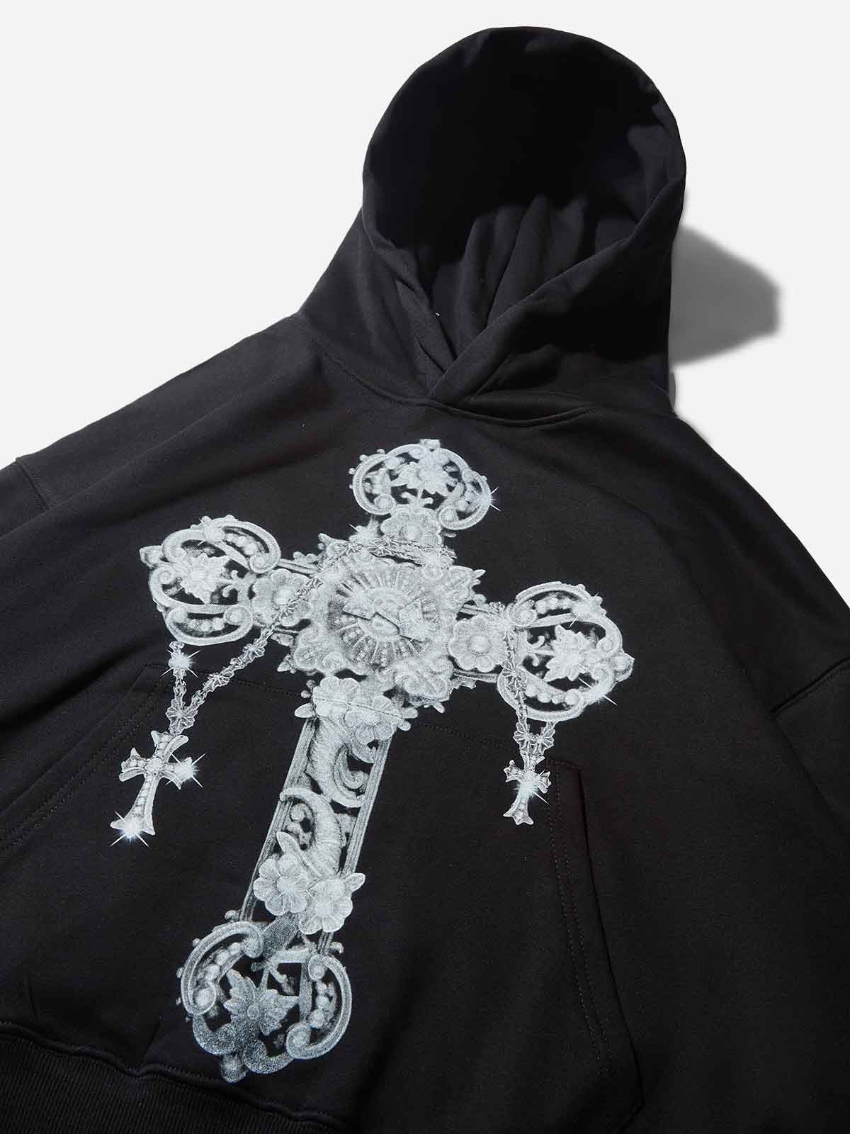 Silver Metal Diamond Cross Tech Fabric Hoodie