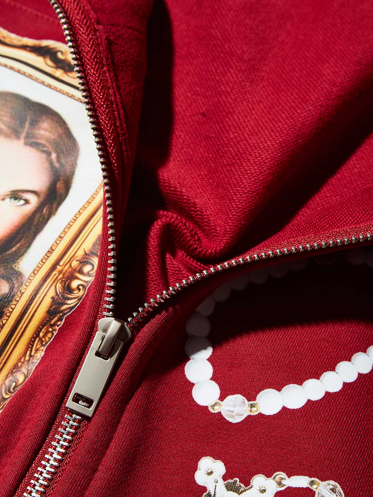 Red Hoodie Adorned with Religious Icons