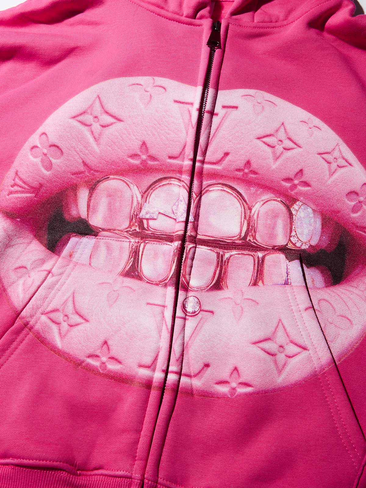 Leather Cat's Eye Grillz Print Pink Warm Hoodie