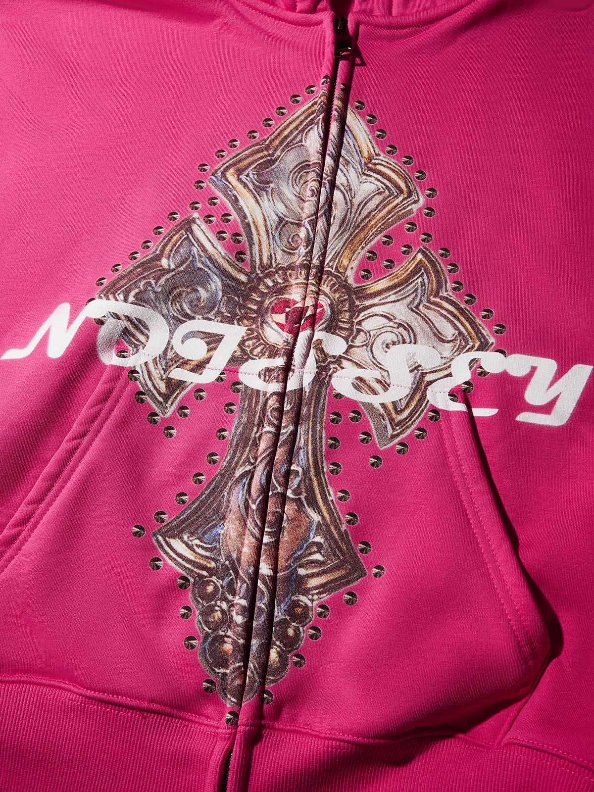 Diamond Cross Print Pink Zip Hoodie