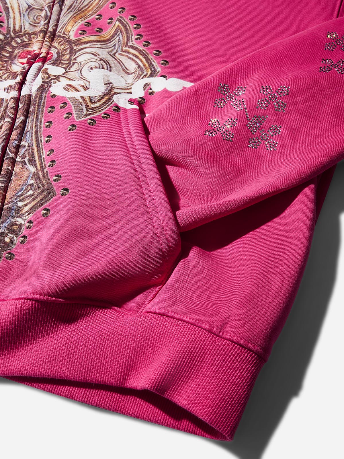 Diamond Cross Print Pink Zip Hoodie