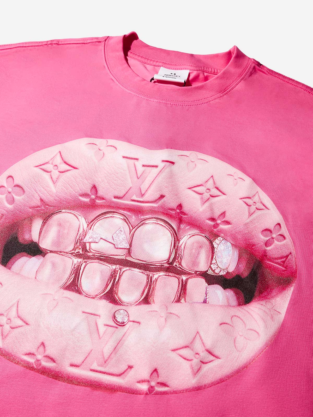 Leather Cat's Eye Grillz Print Pink Boxy Oversized T-shirt