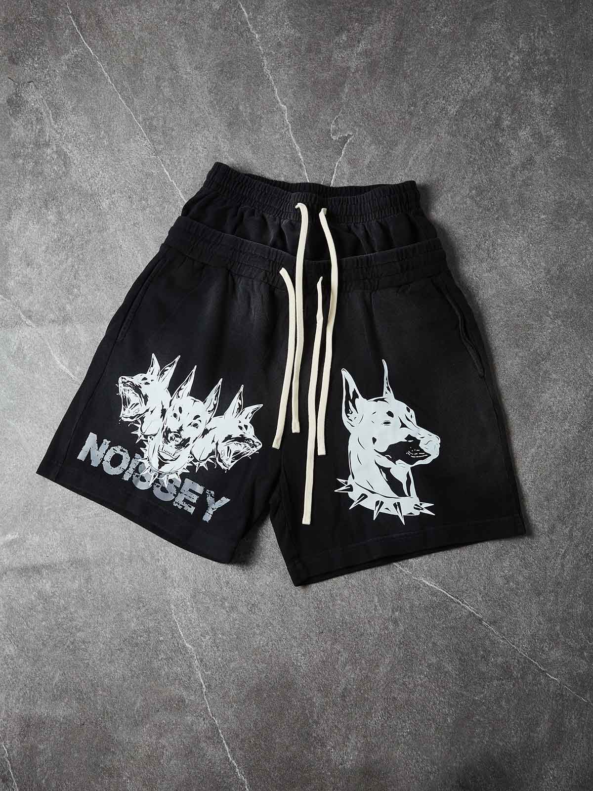 NOISSEY TRIPLE-HEADED DOBERMAN VINTAGE DISTRESSED SWEAT SHORTS