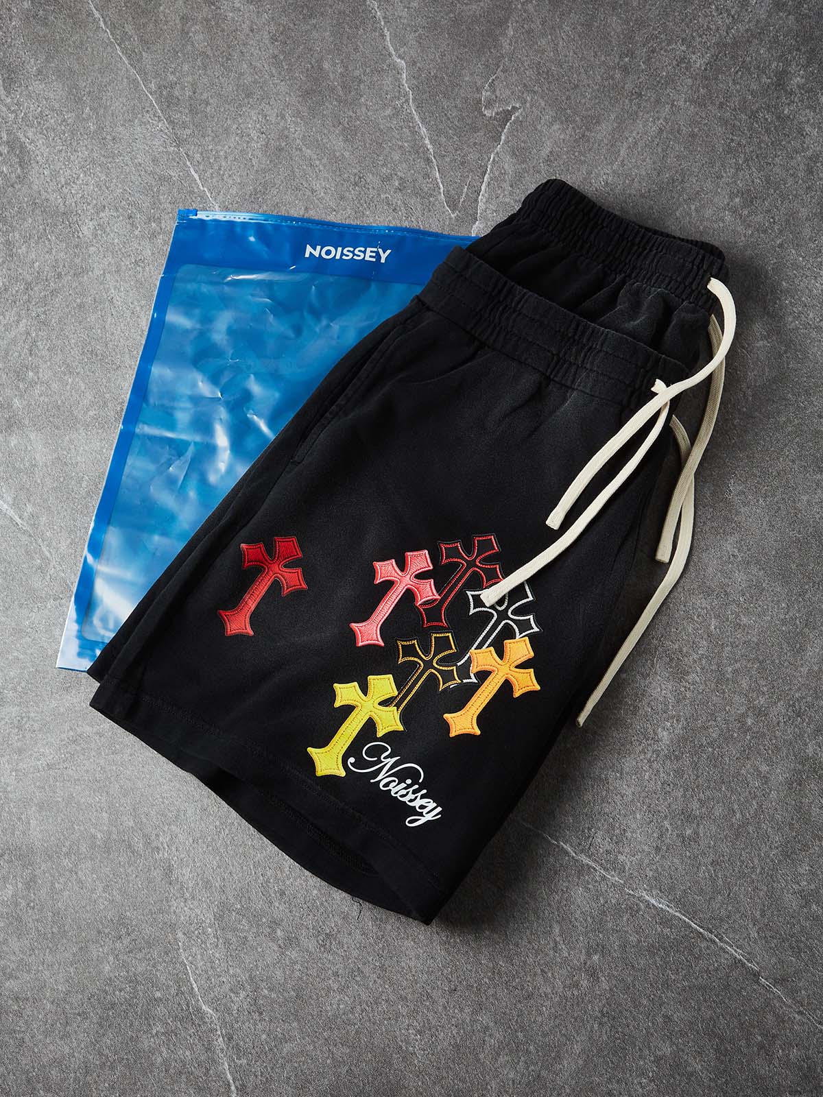 NOISSEY "Sacred Cross" Wide-Leg Vintage Wash Heavyweight Shorts - Washed Black