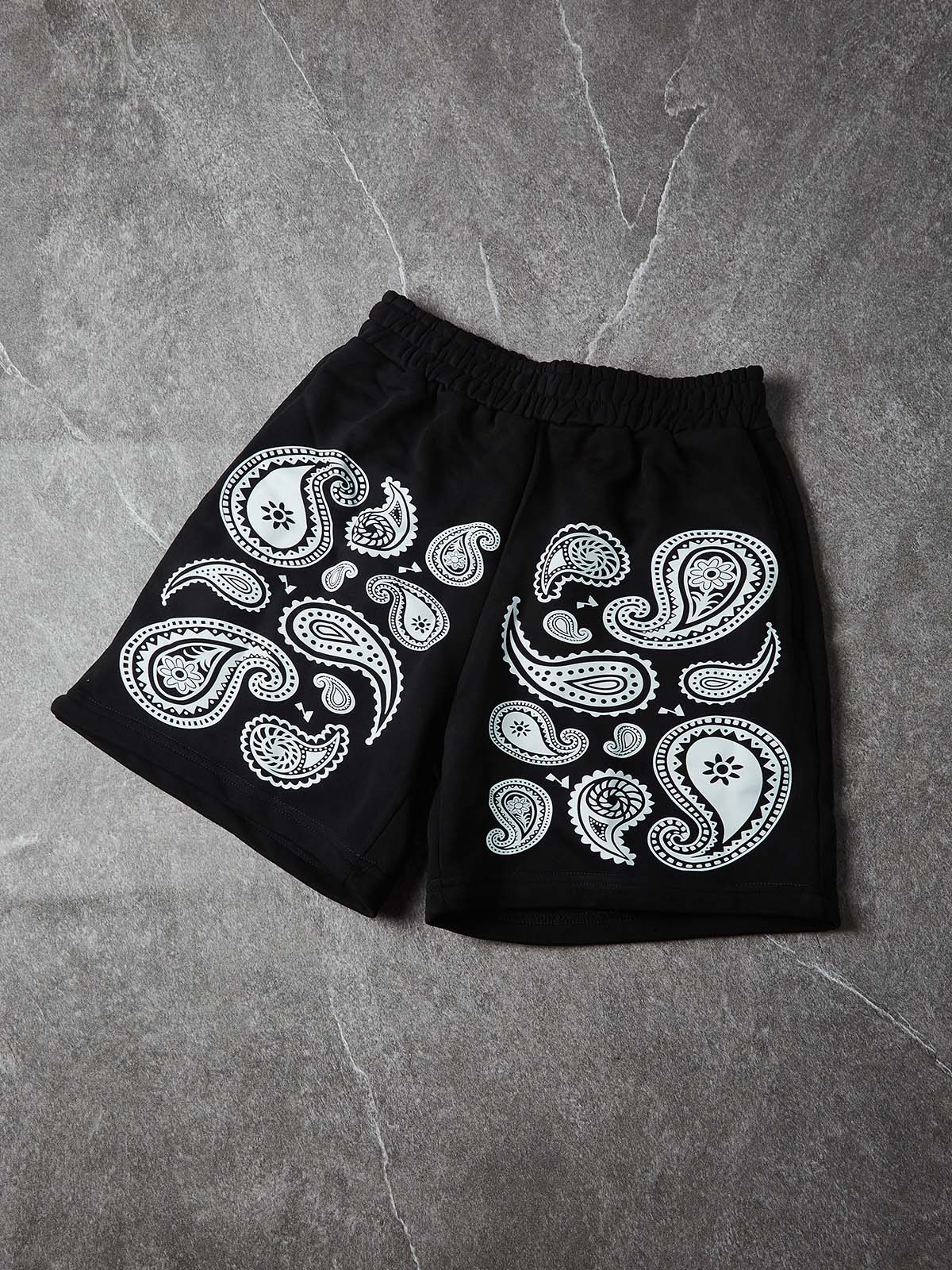 NOISSEY "Monochrome Bandana" Paisley Graphic Heavyweight Wide-Leg Sweat Shorts