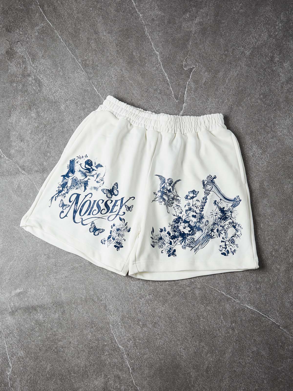 NOISSEY "Heavenly Garden" Blue Angel & Floral Art Print White Wide-Leg Shorts