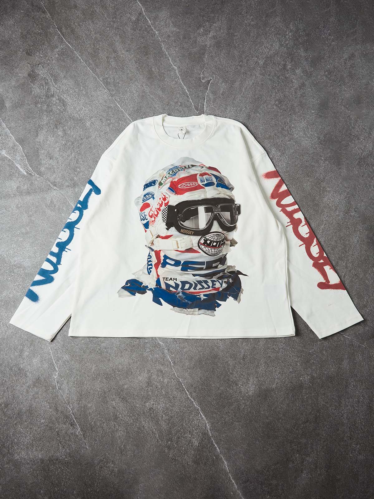 NOISSEY Speed Phantom Racing Mask Asymmetric Graffiti Long Sleeve Shirt - White