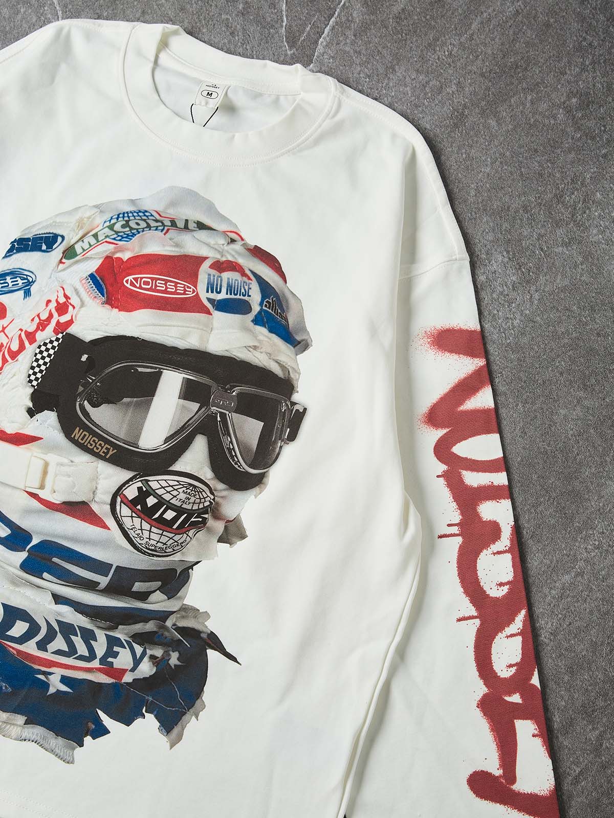 NOISSEY Speed Phantom Racing Mask Asymmetric Graffiti Long Sleeve Shirt - White