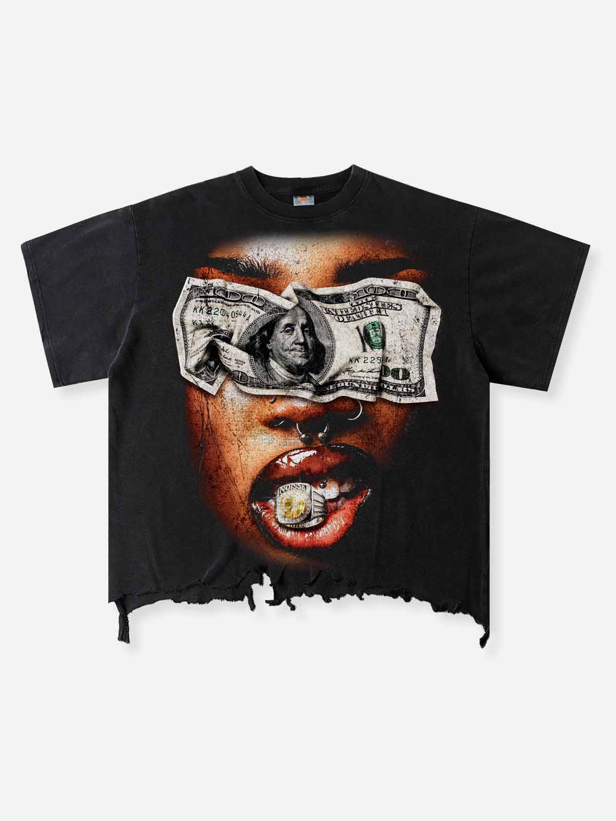 NOISSEY "Blind Wealth" Money Blindfold & Gold Grill Distressed T-Shirt - Washed Black
