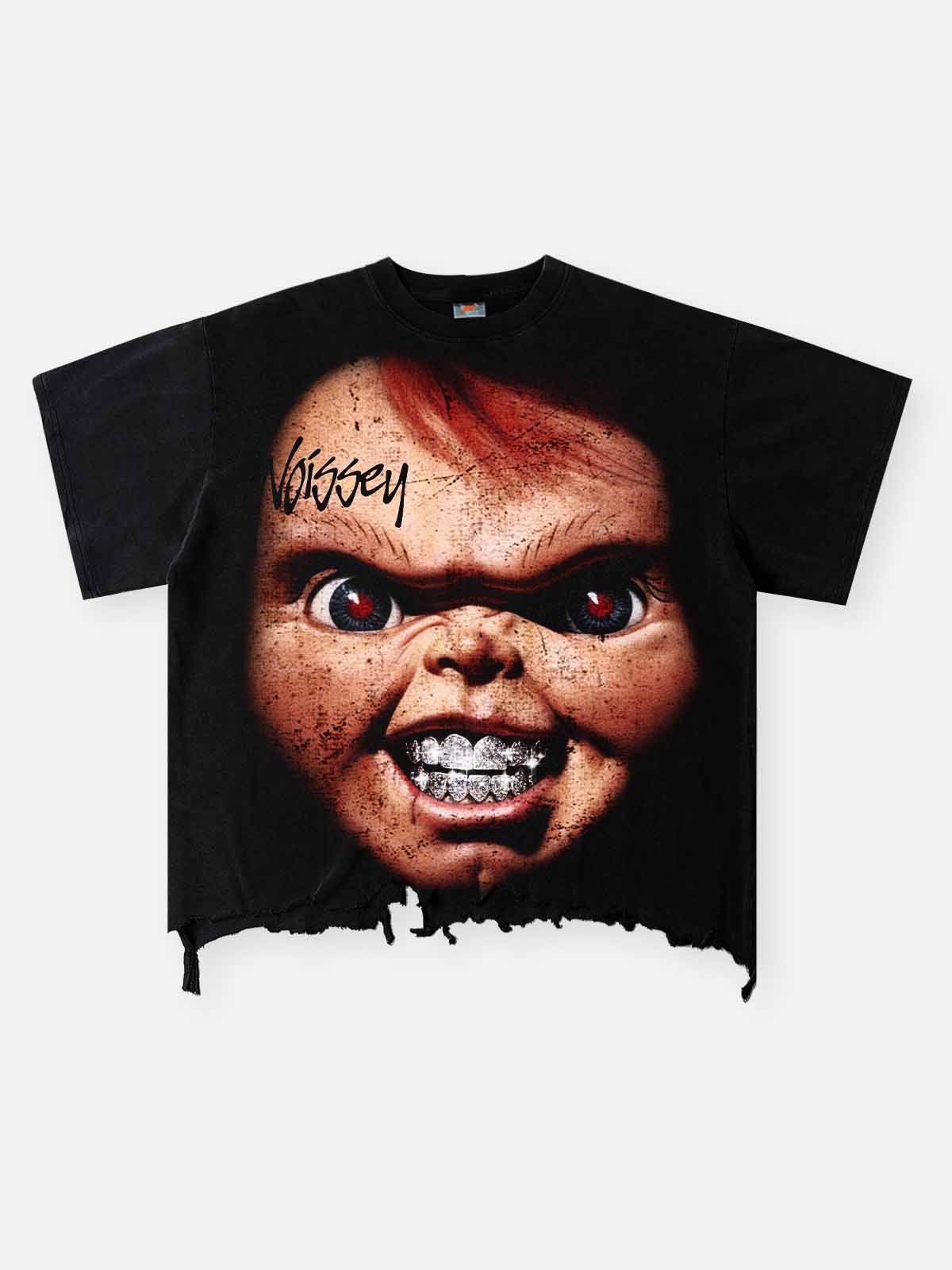 NOISSEY Chucky Vintage Distressed Boxy Hem Graphic Art Tee - Faded Black