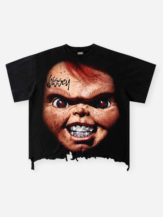 NOISSEY Chucky Vintage Distressed Boxy Hem Graphic Art Tee - Faded Black