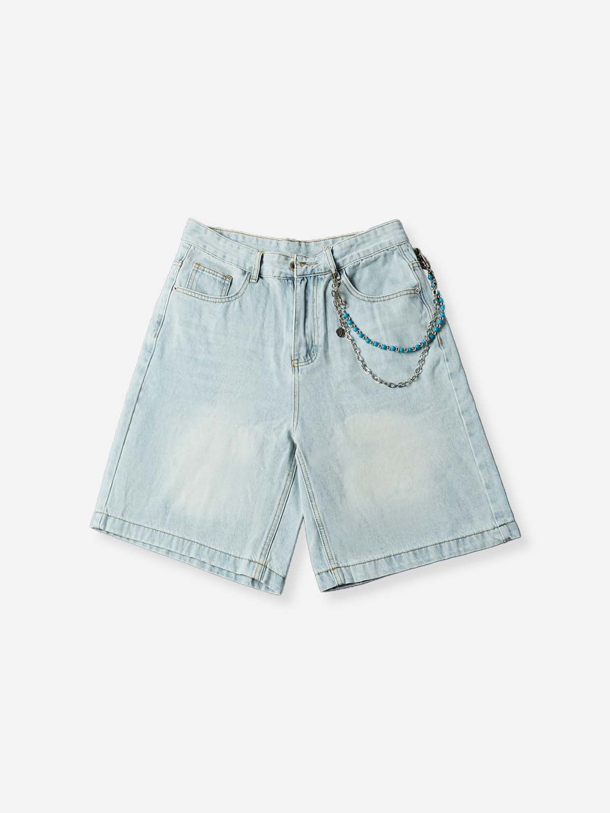 NOISSEY Ocean Chain Vintage Wash Boxy Denim Shorts - Arctic Blue